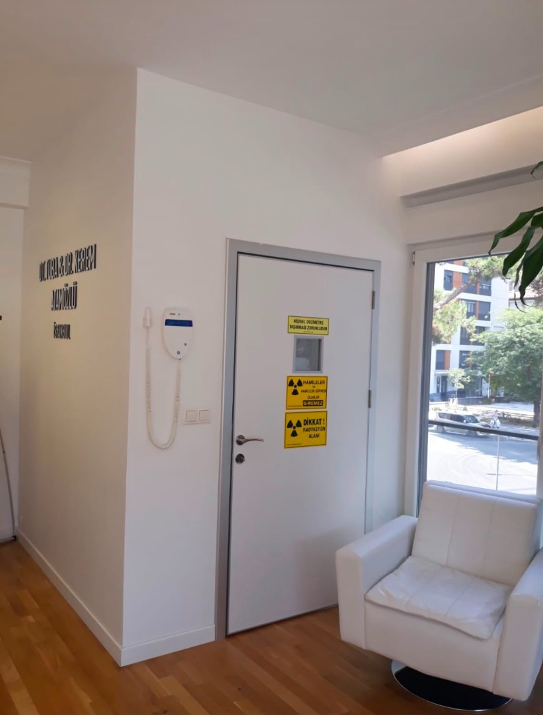 Lead lined clinic door with radiation warning symbol